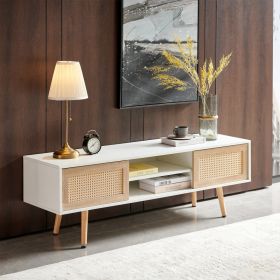 55.12 Rattan TV Cabinet, Double Sliding Doors For Storage,  Adjustable Shelf, Solid Wood Legs, TV Console For Living Room , White