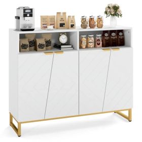 White Modern Sideboard With Irregular Doors & Golden Handles, 2 Open Shelves & Double 2-Door Cabinets