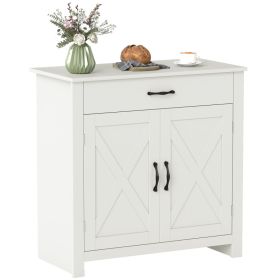 Farmhouse Sideboard Buffet Cabinet, Barn Door Coffee Bar Cabinet with Drawer and Adjustable Shelf for Kitchen, Living Room, Entryway, White Wash